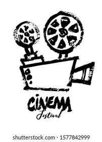 Grunge doodle hand-drawn camera. Cinema festival lettering poster, flyer typography. Abstract sale tickets banner background. Movie time and entertainment concept.