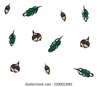 grunge doodle pattern of acorns and oak leaves
