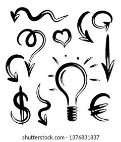 Grunge doodle set of arrows, dollar, euro, heart and light bulb
