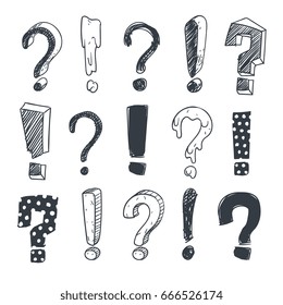 Grunge doodle sketch exclamation and question marks vector set. Collection of question mark and exclamation marks illustration svg