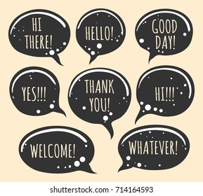 Grunge doodle speech bubble icons. Friendship discussion talking words, vector illustration