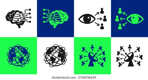 Grunge doodle style vector icon set representing key technology concepts: artificial intelligence, surveillance, global network, and satellite communication. Modern tech symbols in high-contrast colors.