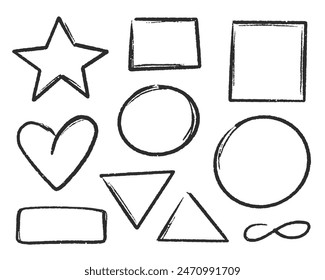 Grunge doodle texture brush elements. Triangle, circle, square, rectangle, star, heart, infinity sign. Simple blob grunge paint texture. Vector illustration. 