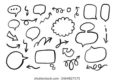 Grunge doodle texture brush stroke elements. Line movement element, emotion effect decoration icon. Simple blob grunge paint texture arrows, speech balloons, line style emphasis, arrows	