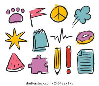 Grunge doodle texture brush stroke elements. Line movement element, emotion effect decoration icon. Simple blob grunge paint texture arrows, speech balloons, line style emphasis, arrows	