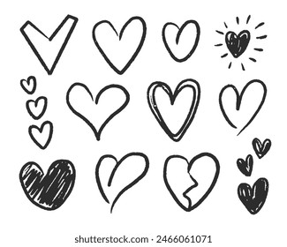 Grunge doodle texture brush stroke hearts. Line movement element. Simple blob grunge paint texture different hearts. Vector illustration. 