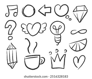 Grunge doodle texture brush stroke elements. Line movement element, emotion effect decoration icon. Simple blob grunge paint texture arrows, speech balloons, line style emphasis, arrows	