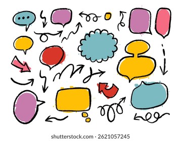 Grunge doodle texture brush stroke elements. Line movement element, emotion effect decoration icon. Simple blob grunge paint texture arrows, speech balloons, line style emphasis, arrows	
