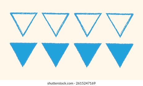 Grunge and doodle triangle shapes. Painted brush frames, messy crayon scribbles, and hand drawn sketch outlines. Vector triangle collection.
