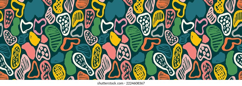 Grunge doodles pattern. Modern fabric design. Tribal ornament seamless pattern. Grunge ethnic background. Contemporary ornaments pattern. 80s, 90s clothes fabric. Boho hippie style.