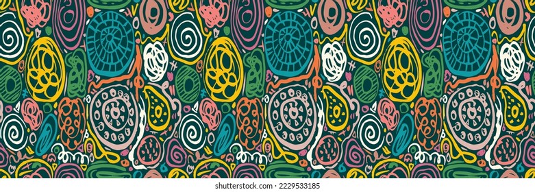 Patrón de garabatos. Diseño de tela moderna. Rama tribal sin fisuras. Origen étnico oscuro. Patrón de ornamentos contemporáneos. Tejidos de ropa de los 80, 90. Estilo hippie boho.