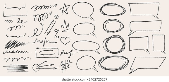 Grunge doodles, speech bubbles, hand drawn arrows. Modern vector illustration for your designs.