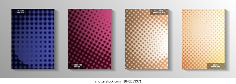 Grunge dot perforated halftone cover page templates vector collection. Corporate notebook faded halftone backgrounds. Retro cartoon comics style front page layouts. Distressed prints.