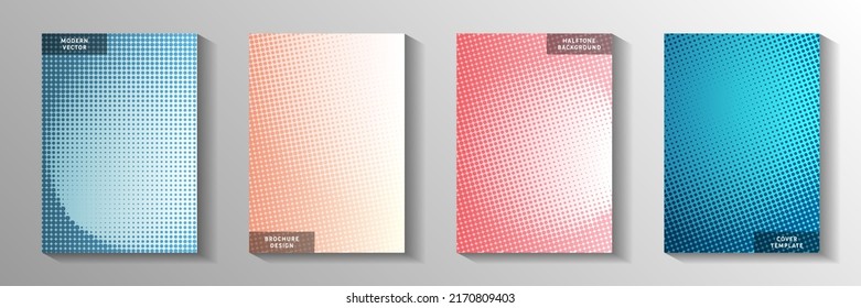 Grunge dot perforated halftone front page templates vector kit. Medical notebook faded halftone patterns. Retro cartoon comics style cover page layouts. Gradient design.
