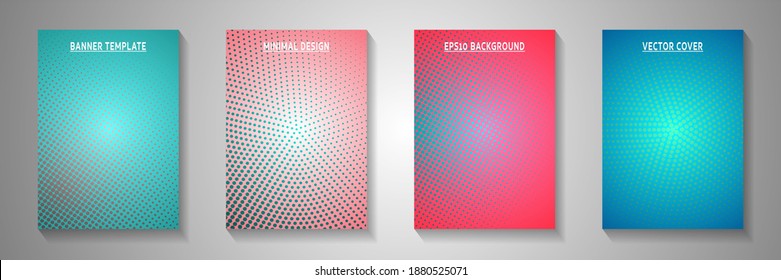 Grunge dot perforated halftone title page templates vector series. Medical booklet faded halftone backgrounds. Retro comics style cover layouts. Linear design.
