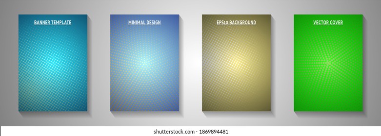 Grunge dot screen tone gradation front page templates vector set. Corporate brochure faded screen tone backdrops. Vintage cartoon comics style cover page leaflets. Rectangle albums.