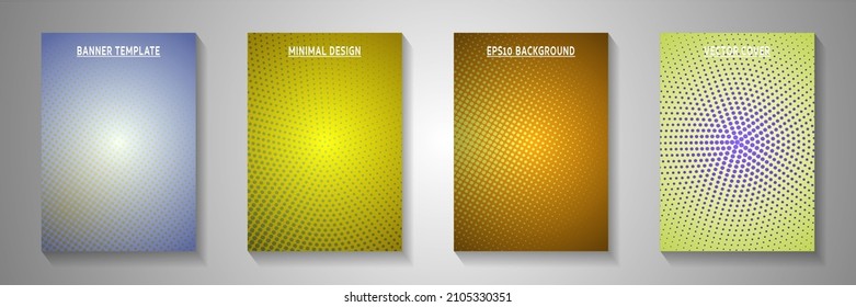 Grunge dot screen tone gradation cover page templates vector collection. Industrial magazine faded screen tone backgrounds. Retro cartoon comics style title page leaflets. Distressed prints.