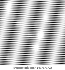 Grunge dotted backdrop with circles, dots, point. Abstract monochrome halftone pattern. Black and white color