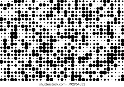 Grunge dotted background with circles, dots, point different size, scale. Halftone pattern. Design element for web banners, posters, cards, sites, panels. Black and white Vector 