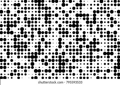 Grunge dotted bckground with circles, dots, point different size, scale. Halftone pattern. Design element for web banners, posters, cards, sites, panels. Black and white color Vector illustrtion