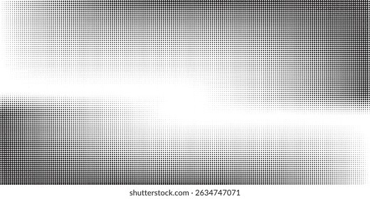Grunge dotted halftone gradient background. Faded grit noise texture. White and black wallpaper. Retro pixelated backdrop. Anime or manga style comic overlay. Vector graphic design textured template.