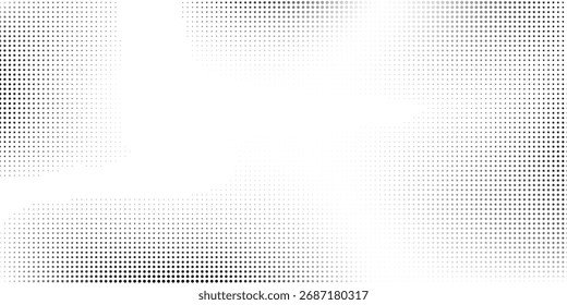 Grunge dotted halftone gradient background. Faded grit noise texture. White and black wallpaper. dot