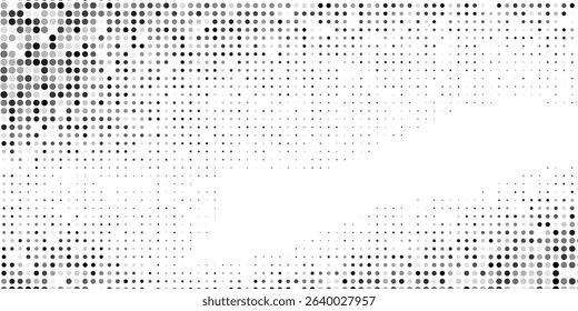Grunge dotted halftone gradient texture. Vanishing polka dot background. Repeating dots gradation rectangle illustration