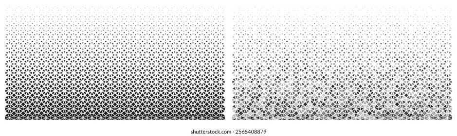 Grunge dotted triangle halftone mosaic pattern background for creative graphic textures. Artistic halftone gradient featuring minimalist patterns, circular effects, and dotted structures.