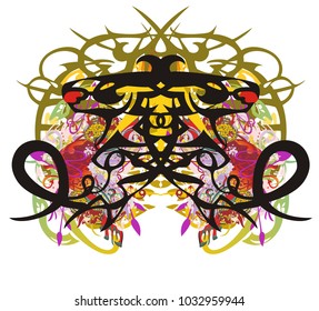 Grunge double dragon symbol splashes. Abstract double symbol of the coiling dragon against the background of red hearts and other colorful decorative elements