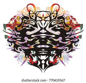 Grunge double eagle head symbol. Two-headed freakish eagle against the background of linear patterns, arrows and colorful ornate elements