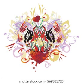 Grunge double eagle heart splashes. Tribal eagles heads with open wings against red heart with arrows, red asterisks, floral twirled elements, gold wings