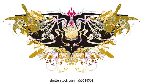 Grunge double eagle symbol with gold dragons. Colorful splashes in a double eagle symbol with winged dragons, the floral coiling elements and color drops