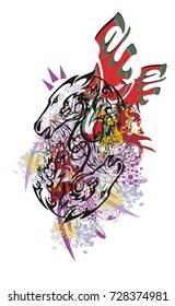 Grunge double horse head symbol with red wings. Colorful splashes tribal double mustang head with the twirled dragon head inside ready for t-shirt design, tattoos and other