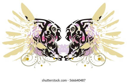 Grunge double imaginary animal symbol. Colorful splashes in a symbol of the eagle and horse head with gold eagle wings