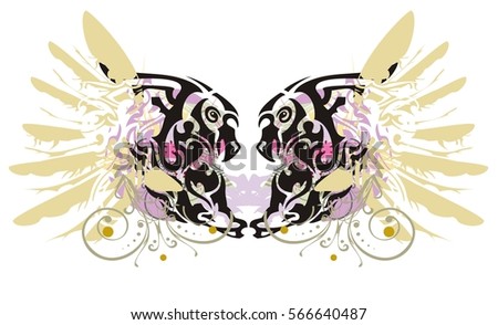 Grunge double imaginary animal symbol. Colorful splashes in a symbol of the eagle and horse head with gold eagle wings