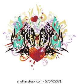 Grunge double winged horse heads with red heart. Double imaginary animal symbol with red hearts with arrows, red asterisks, gold eagle wings and the floral twirled elements
