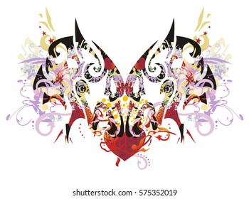 Grunge double wolf heads with red heart. Colorful splashes in the wolf heads against red heart with arrows, asterisks and floral elements