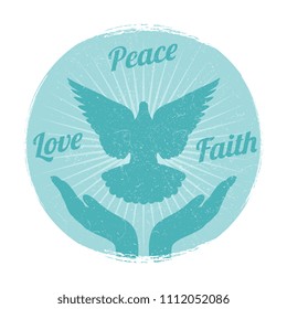 Grunge dove peace flying from hands isolated. Love, freedom and religion faith vector concept illustration