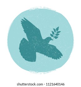 Grunge dove of peace logo design isolated. Pigeon silhouette with branch. Vector illustration