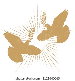 Grunge dove peace silhouette and starburst. Hipster pigeon logo isolated on white background. Vector illustration