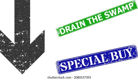 Grunge down arrow direction icon and rectangular rubber Drain the Swamp stamp. Vector green Drain the Swamp and blue Special Buy imprints with distress rubber texture,