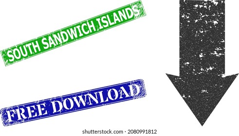 Grunge down direction icon and rectangle rubber South Sandwich Islands stamp. Vector green South Sandwich Islands and blue Free Download watermarks with corroded rubber texture,