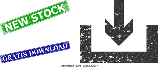 Grunge download box icon and rectangle rubber New Stock seal. Vector green New Stock and blue Gratis Download imprints with unclean rubber texture, designed for download box illustration.