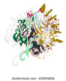 Grunge dragon head with floral elements. Tribal fantastic dragon head with gold wings and  colorful splashes 