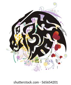Grunge dragon head with red hearts. Tribal unusual young dragon head with colorful floral splashes