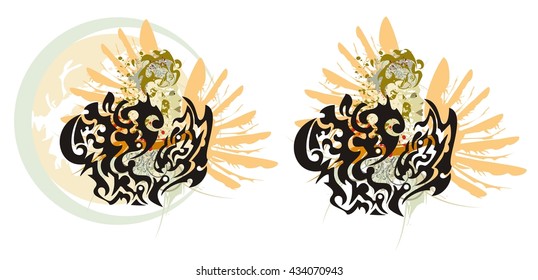 Grunge dragon hearts. Two dragon hearts - splashes in a woman's face with the head and a wing of an eagle in tribal style 