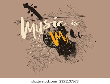 Grunge drawing cello with brushwork, Urban music, vector vintage contrabass art, typography hipster street art graffiti slogan, art graffiti style slogan, urban graffiti graphics, for t shirt, poster