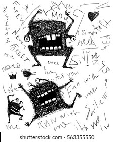 Grunge el horrible y horrible monstruoso diseño monocromo dibujado a mano. Criatura moderna, insólita, negra y blanca, con dibujos de garabatos con letras. Ilustración vectorial.