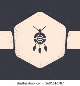 Grunge Dream catcher with feathers icon isolated on grey background. Monochrome vintage drawing. Vector Illustration