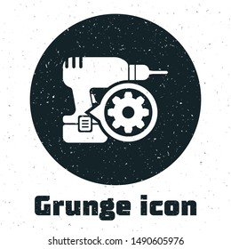 Grunge Drill machine and gear icon isolated on white background. Adjusting app, service concept, setting options, maintenance, repair, fixing.  Vector Illustration